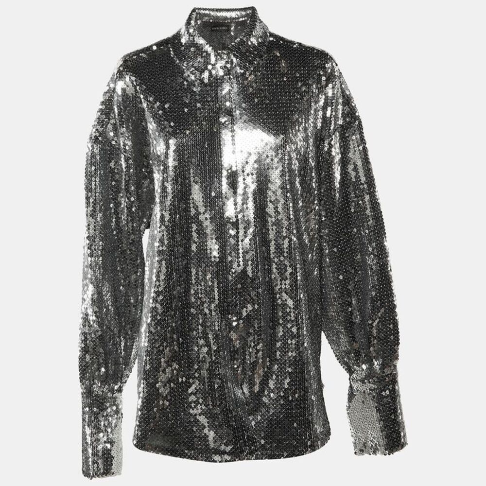 David Koma Silver Sequinned Oversized Shirt M